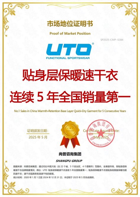 UTO贴身层保暖速干衣荣获尚普咨询集团系列市场地位声明 UTO贴身层保暖速干衣荣获尚普咨询集团系列市场地位声明