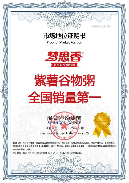 梦思香谷物粥系列产品荣获尚普咨询集团多项市场地位声明 梦思香谷物粥系列产品荣获尚普咨询集团多项市场地位声明