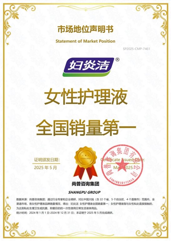 尚普咨询集团：妇炎洁女性护理液全国销量第一 以科技与责任领跑女性健康赛道