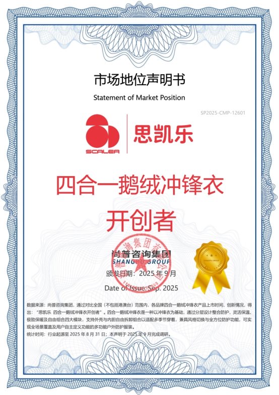 思凯乐荣获四合一鹅绒冲锋衣开创者市场地位声明