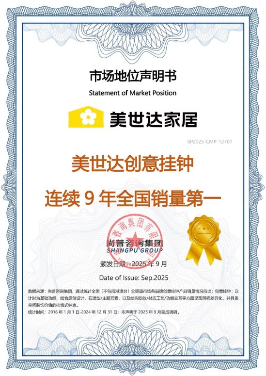 市场地位声明：美世达 创意挂钟连续9年全国销量第一