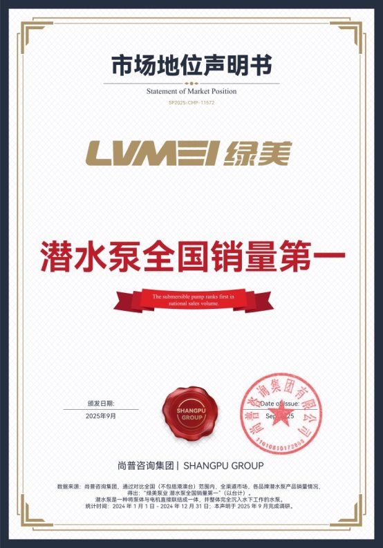 绿美泵业荣获尚普咨询集团系列市场地位声明