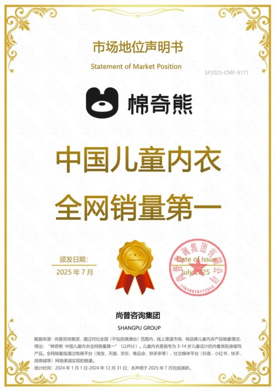 棉奇熊荣获尚普咨询集团系列市场地位声明