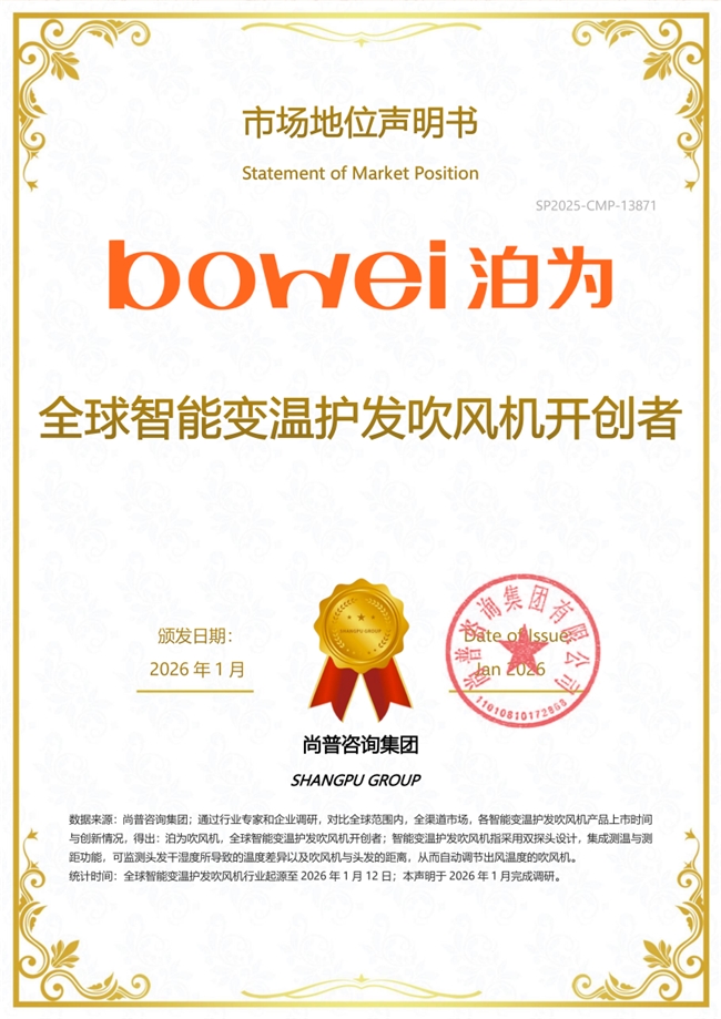 尚普咨询集团：权威市场地位声明——“泊为吹风机，全球智能变温护发吹风机开创者”