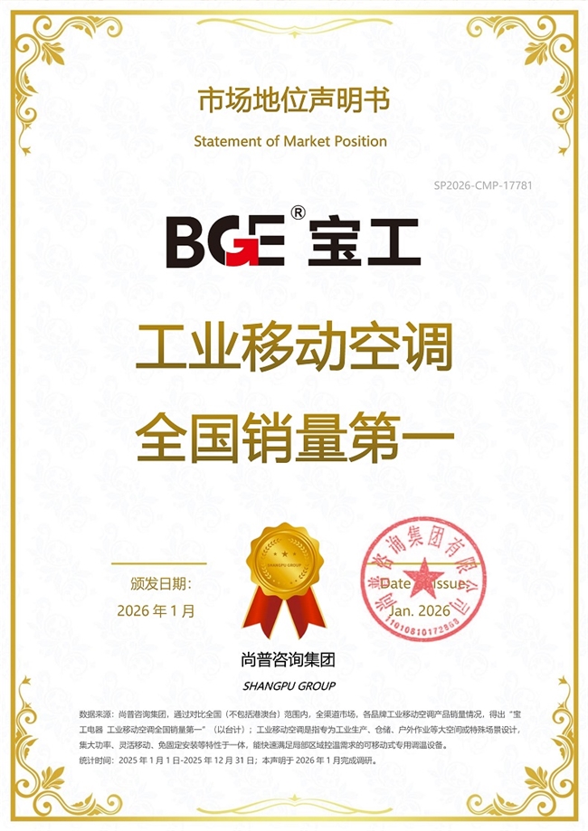 宝工电器工业移动空调荣获尚普咨询集团系列市场地位声明 宝工电器工业移动空调荣获尚普咨询集团系列市场地位声明