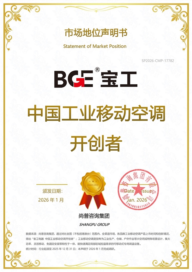 宝工电器工业移动空调荣获尚普咨询集团系列市场地位声明 宝工电器工业移动空调荣获尚普咨询集团系列市场地位声明